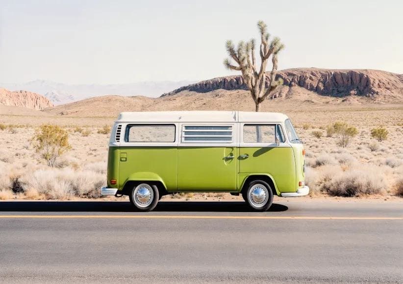 Green camper van parked on a desert road