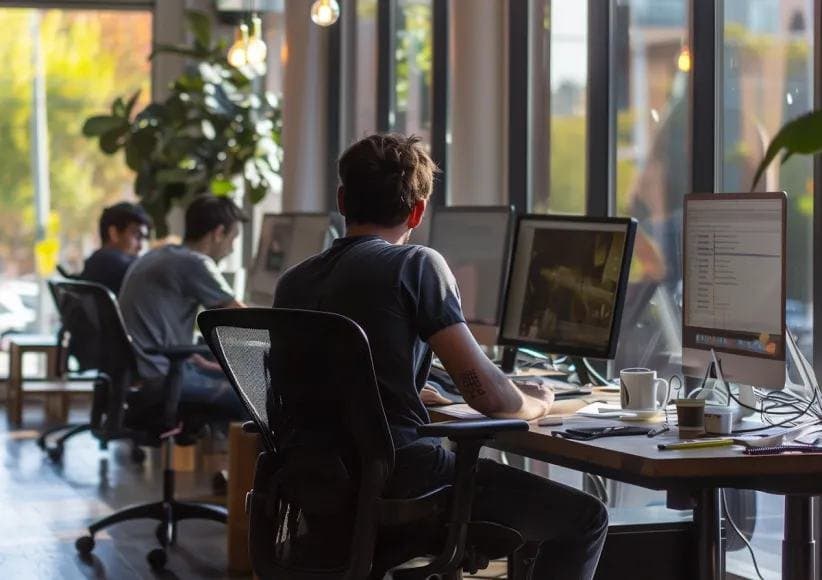 Designer working at a multi-monitor desk in a bright studio