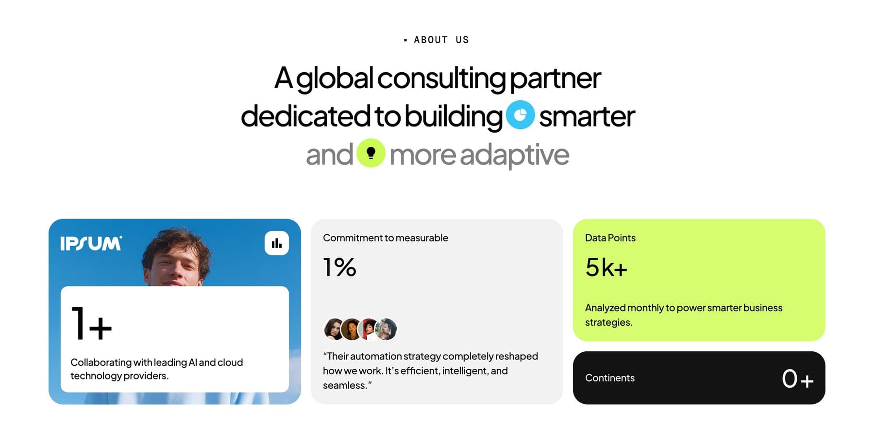 About section — a global consulting partner with proof cards