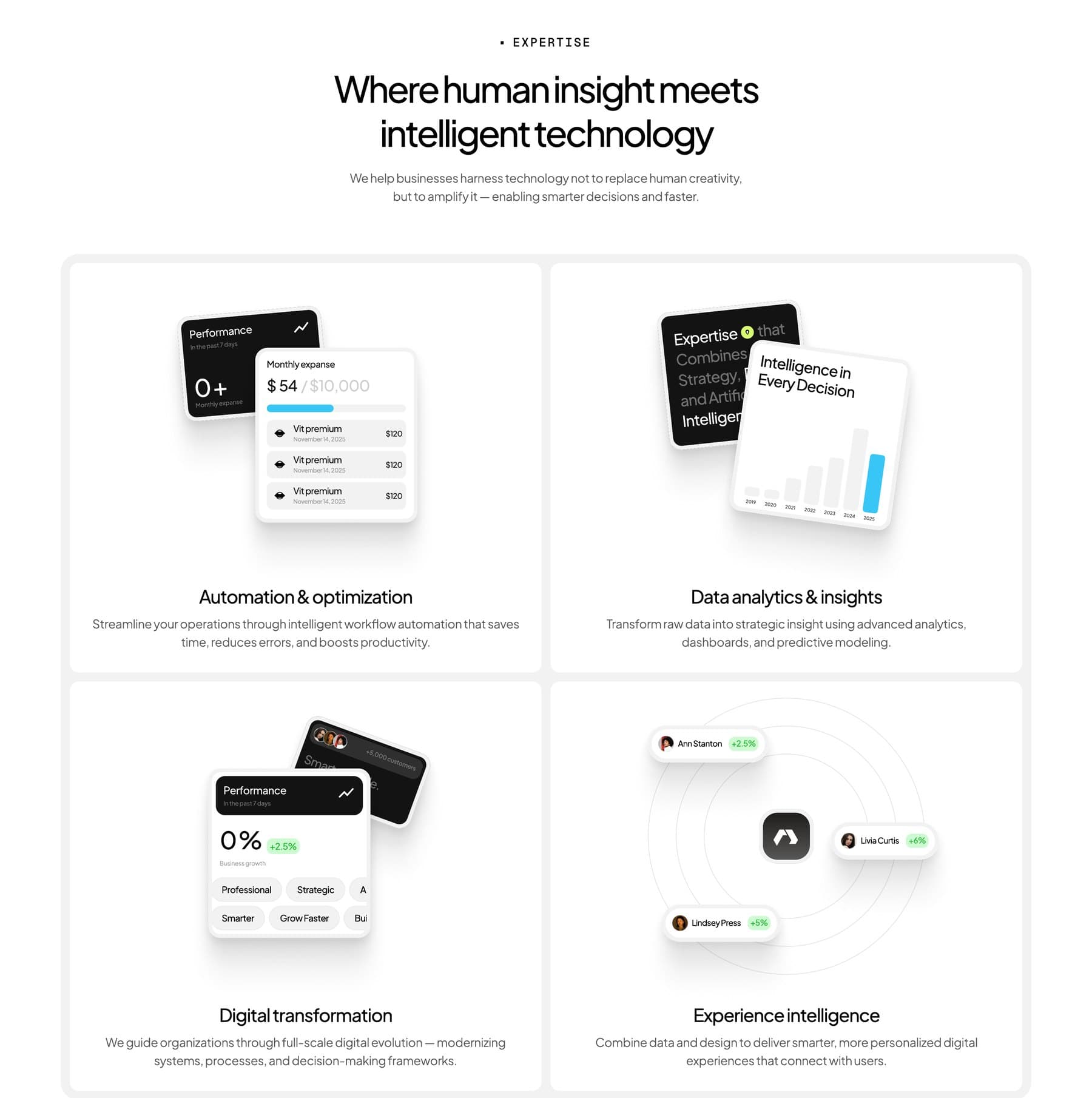 Expertise grid with mini product UI illustrations