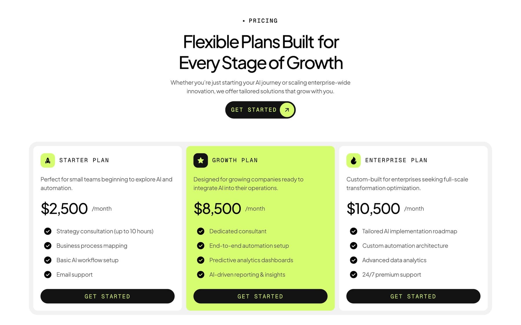 Three pricing plans with the Growth plan highlighted in lime
