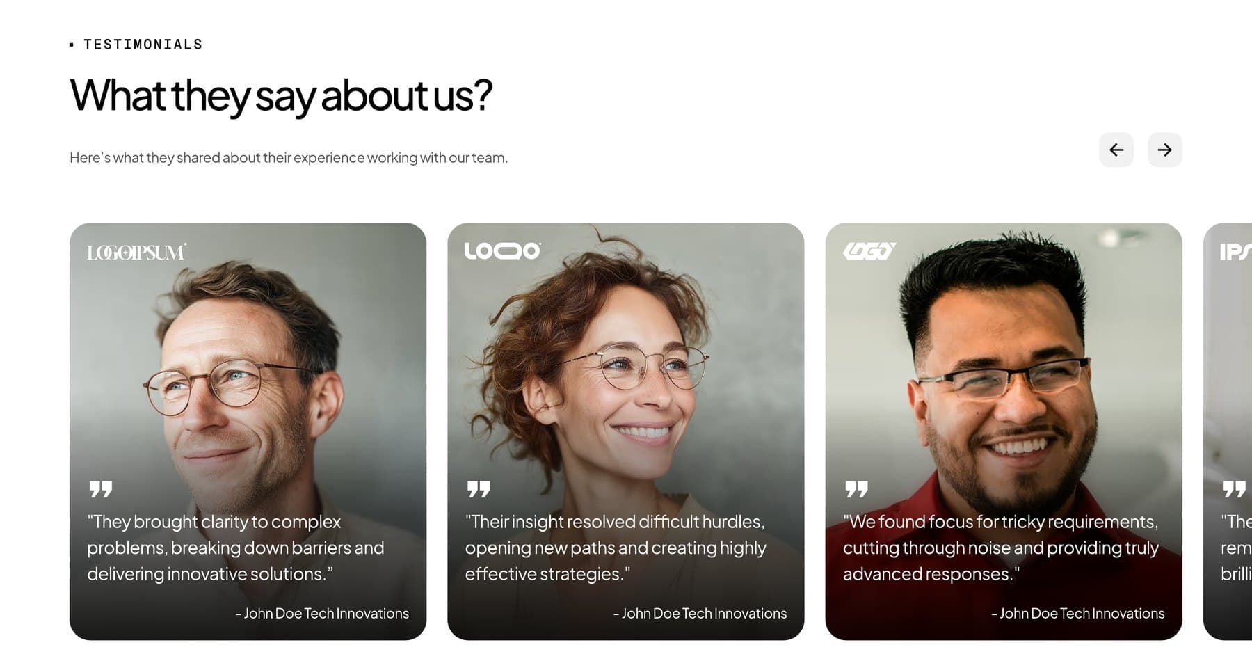 Testimonials slider with client portraits and quotes