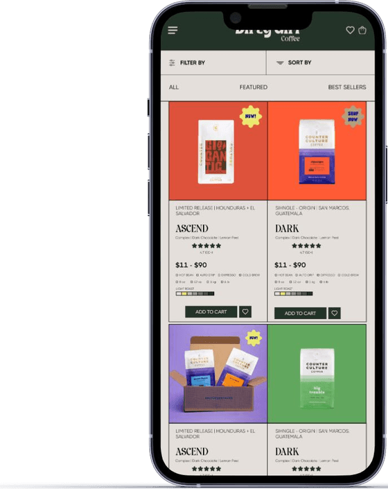 Dirty Girl Coffee app — Shop — product grid