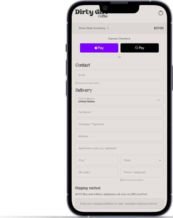 Dirty Girl Coffee app — Checkout — contact & delivery