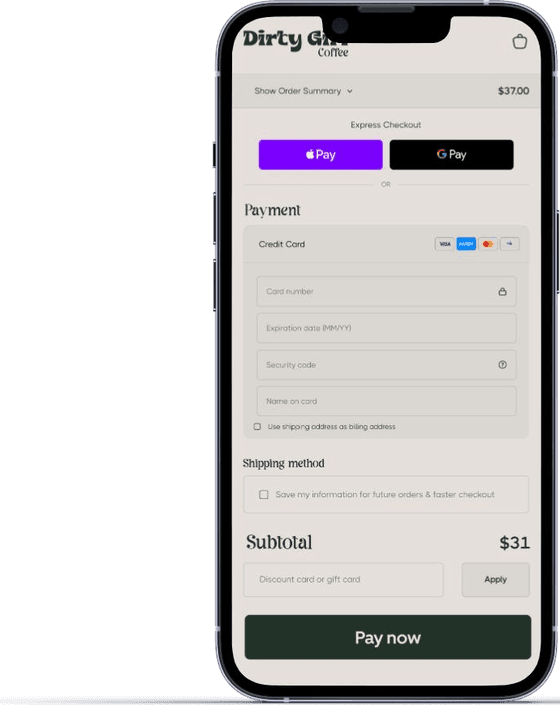 Dirty Girl Coffee app — Checkout — payment