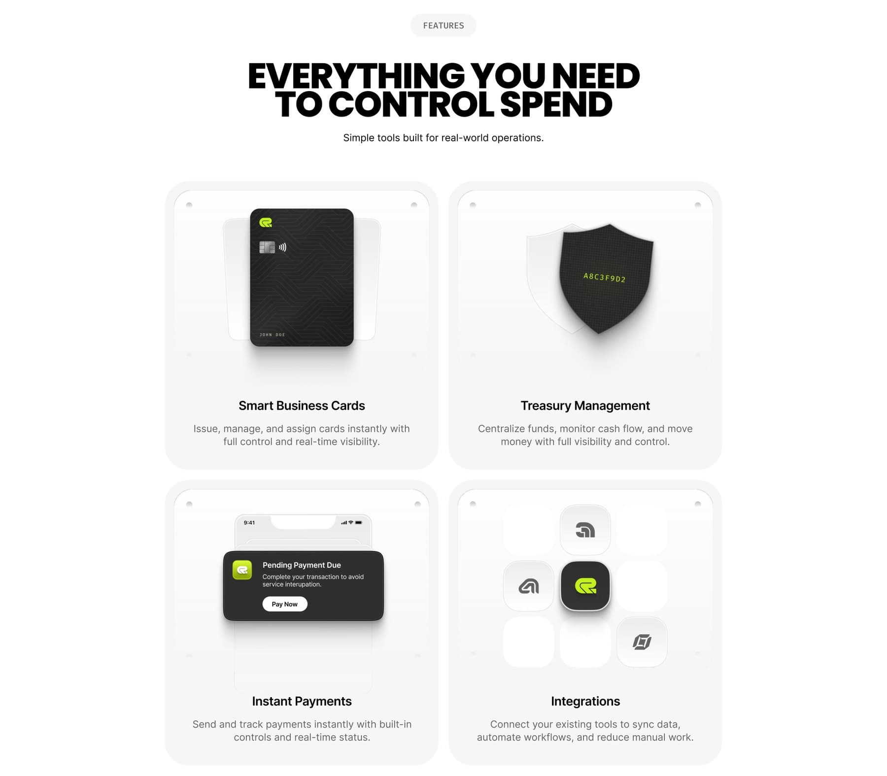 Feature tiles — smart cards, treasury, instant payments and integrations