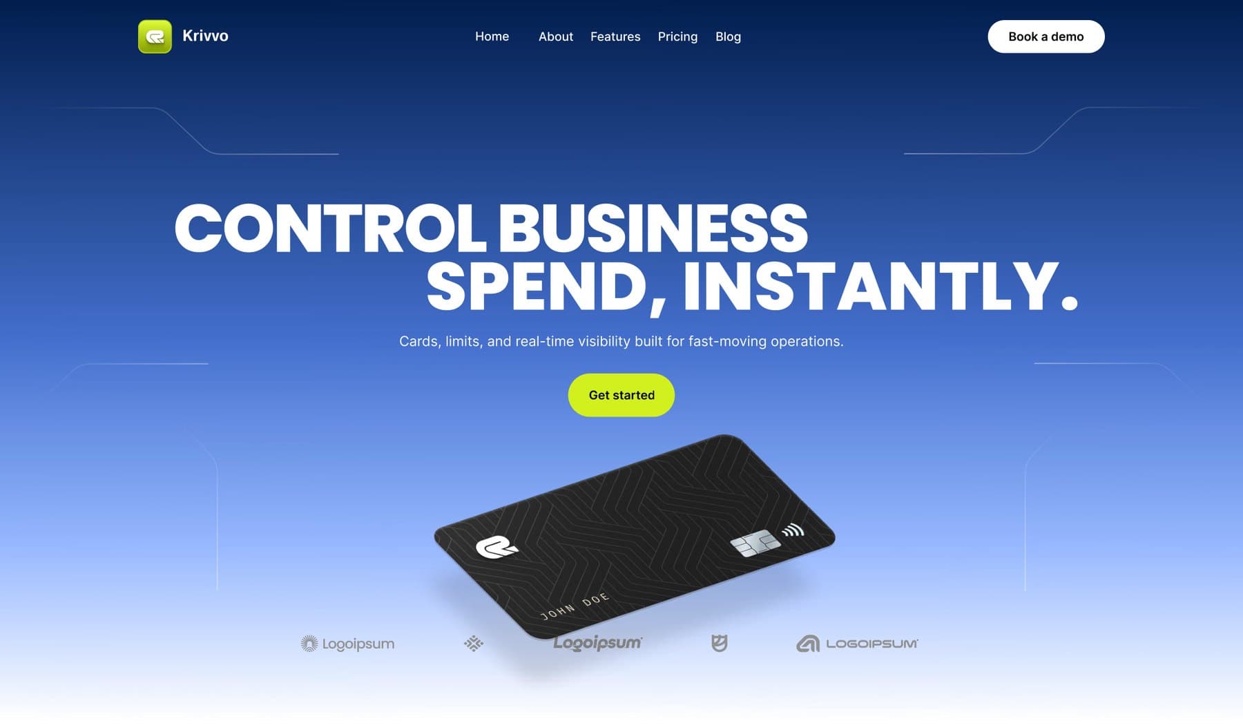 Krivvo hero — Control business spend, instantly, with a floating black card