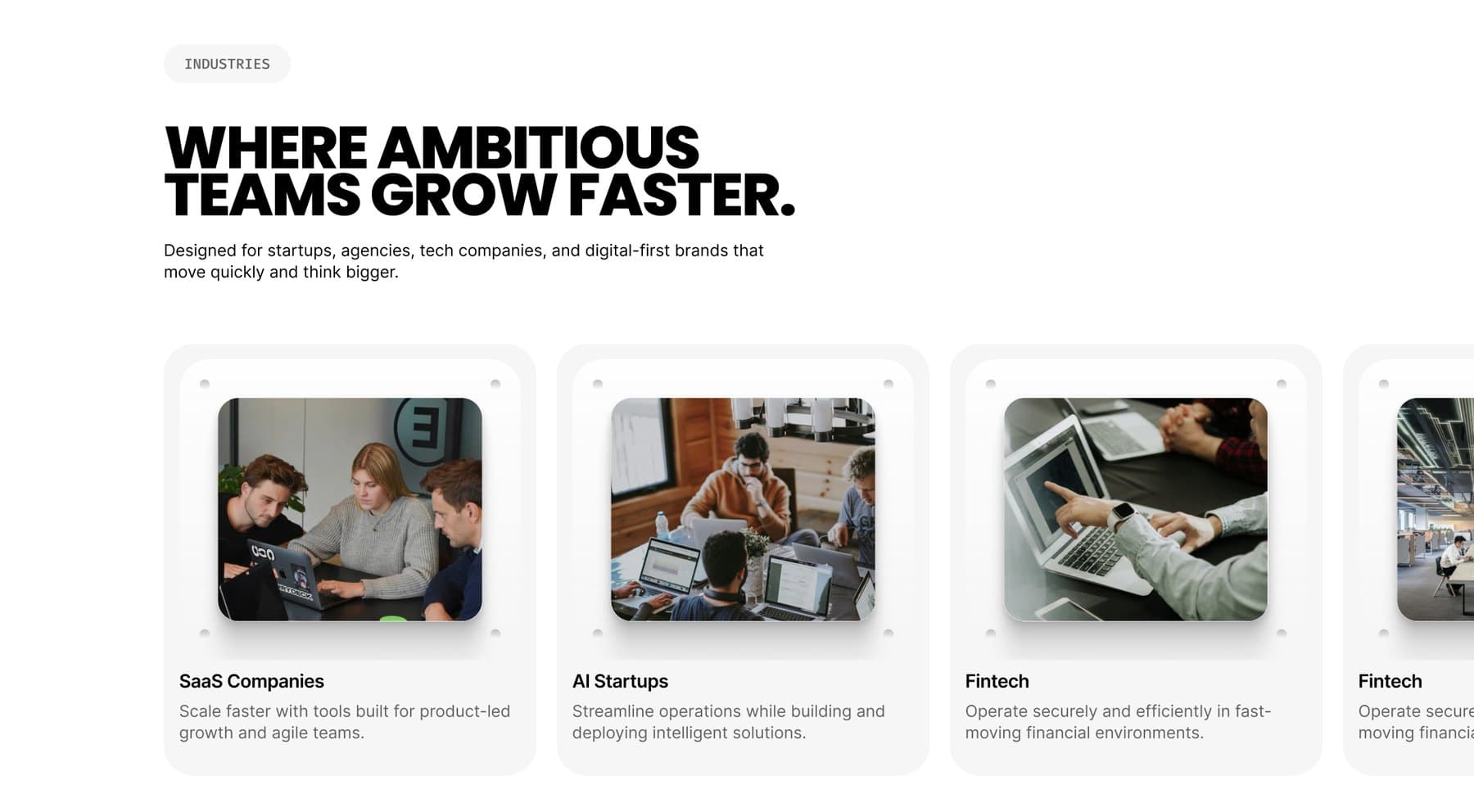 Industries carousel — SaaS companies, AI startups and fintech