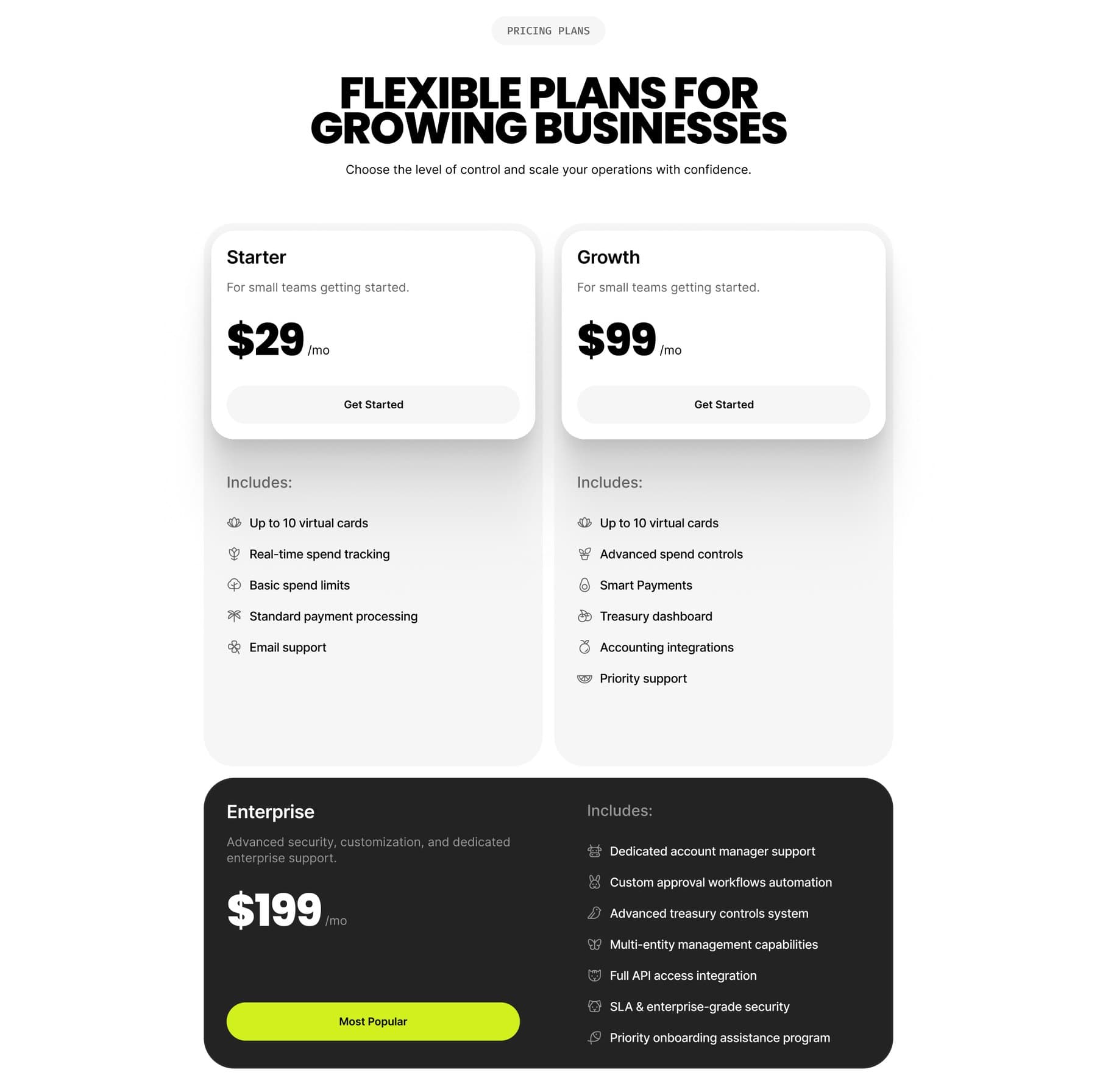 Starter, Growth and Enterprise pricing plans
