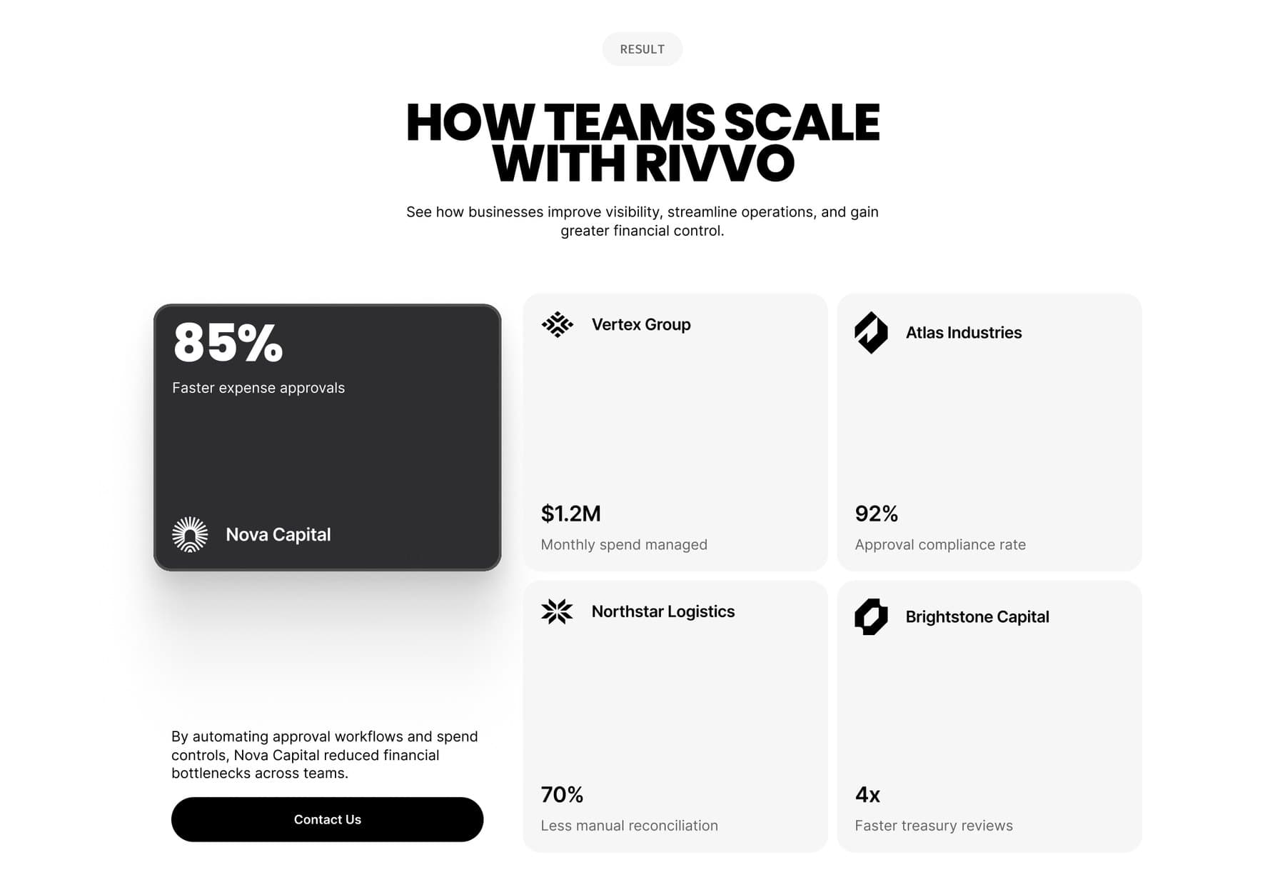 Results cards — 85% faster expense approvals and more