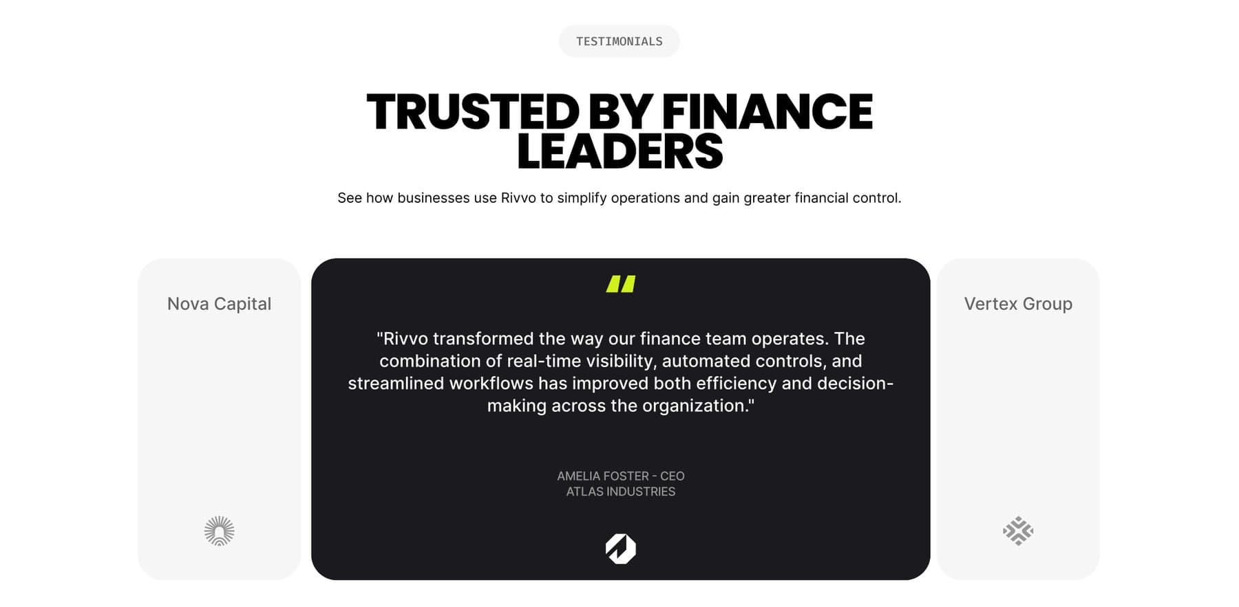 Testimonial slider — trusted by finance leaders