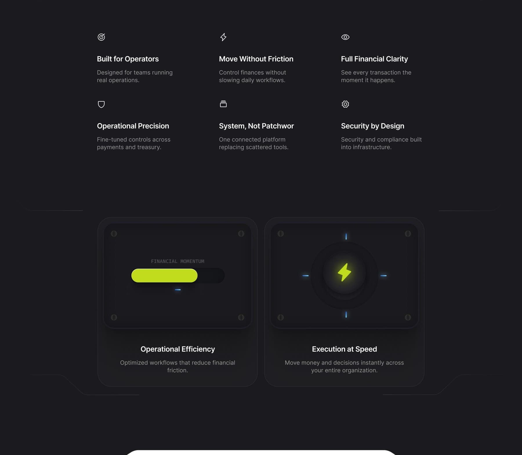 Benefit grid with momentum slider and glowing power button
