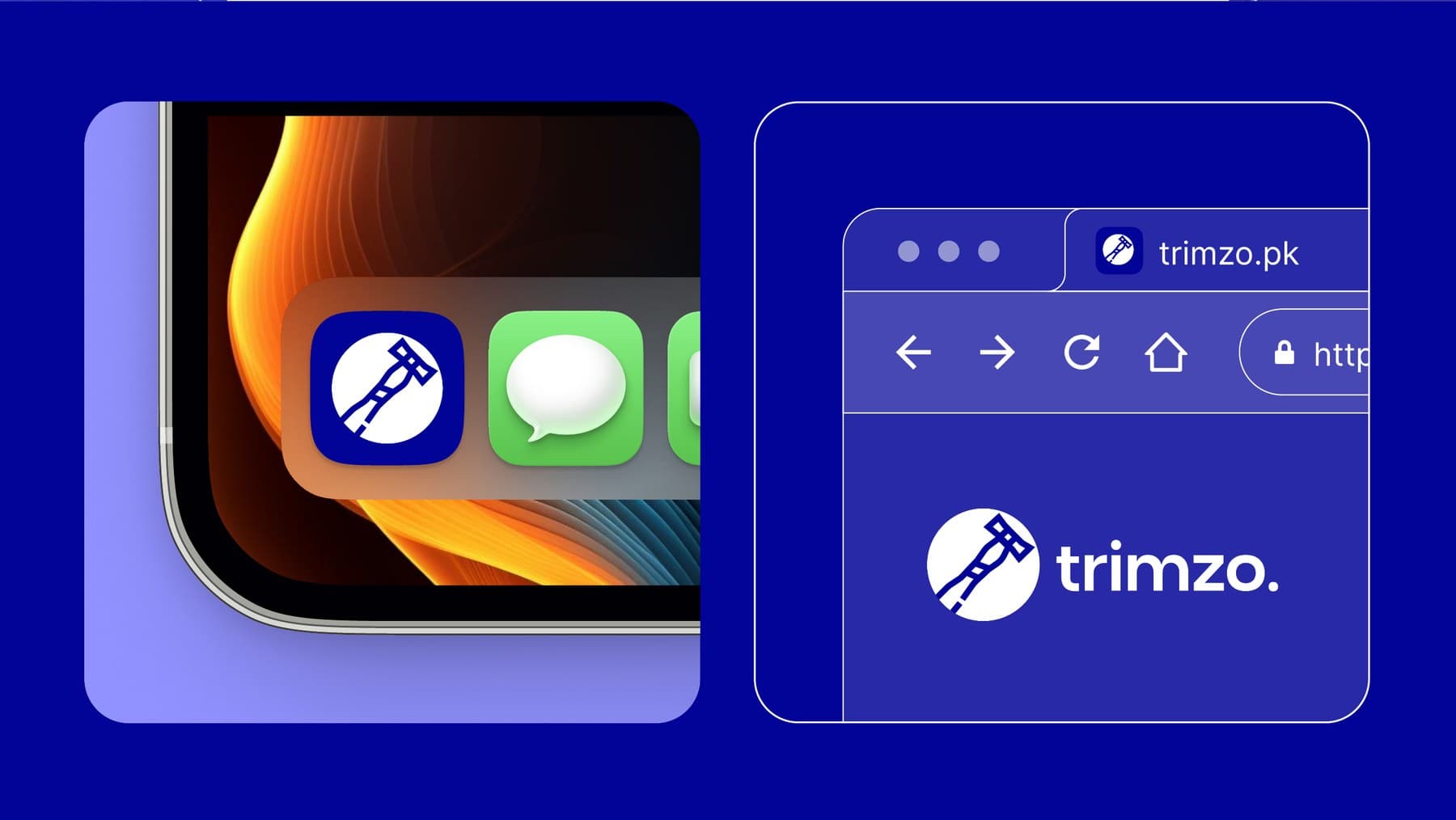 Trimzo app icon on a phone and trimzo.pk in a browser