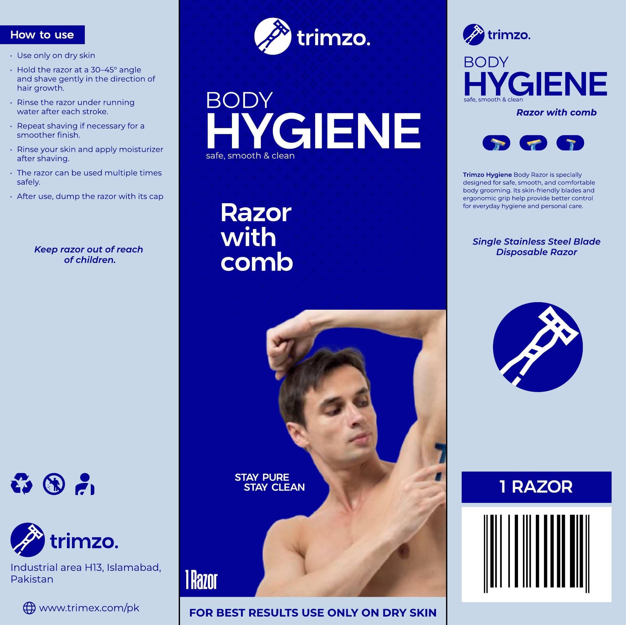 Trimzo razor packet — full dieline with front, left and right panels