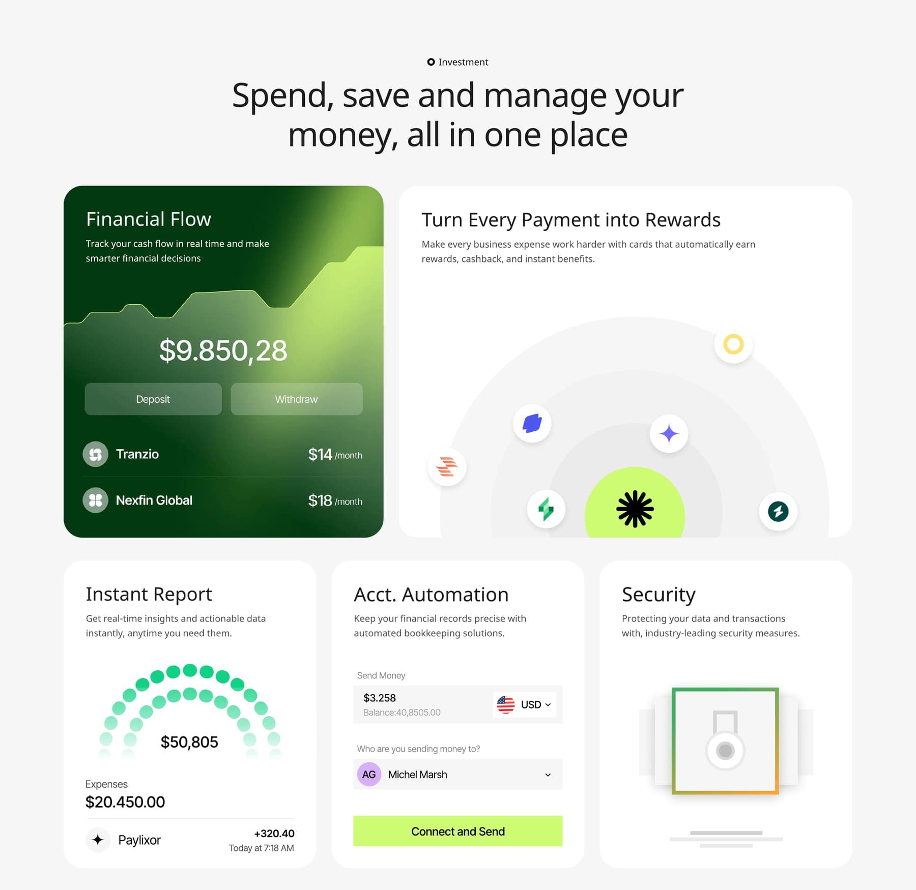 Spend, save and manage — dashboard bento grid