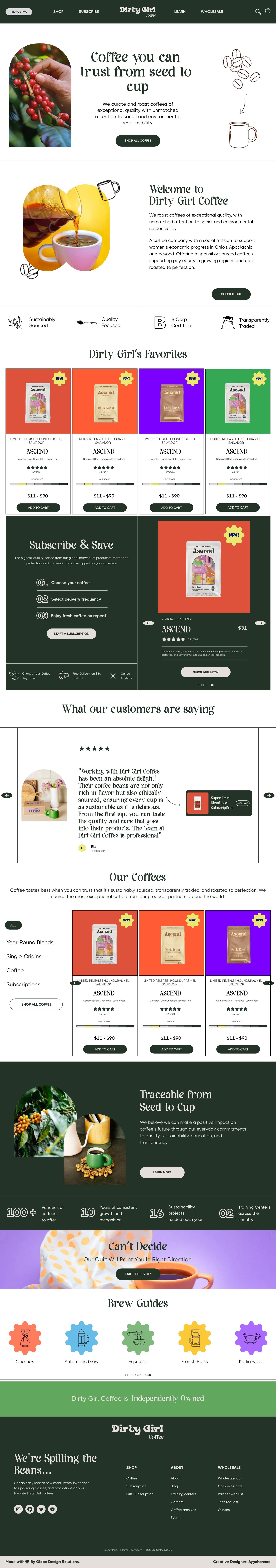 Dirty Girl Coffee — full desktop homepage design